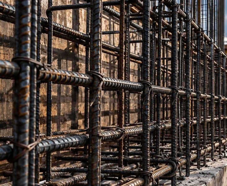 Zbliżenie na konstrukcję żelbetową z widocznymi przepustami instalacyjnymi przygotowanymi przed betonowaniem.